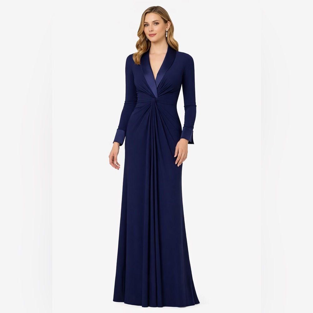 Adrianna Papell Blue Long Sleeve Jersey Evening Gown NWT SZ 12 Formal MODEST